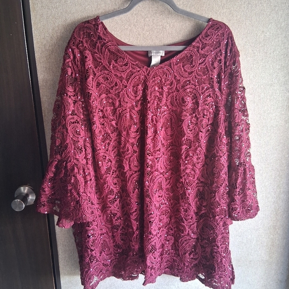 Plus Size 3x Maroon Blouse Fancy Holiday Bell Sleeve Sequin Shimmer Catherines - Picture 2 of 7